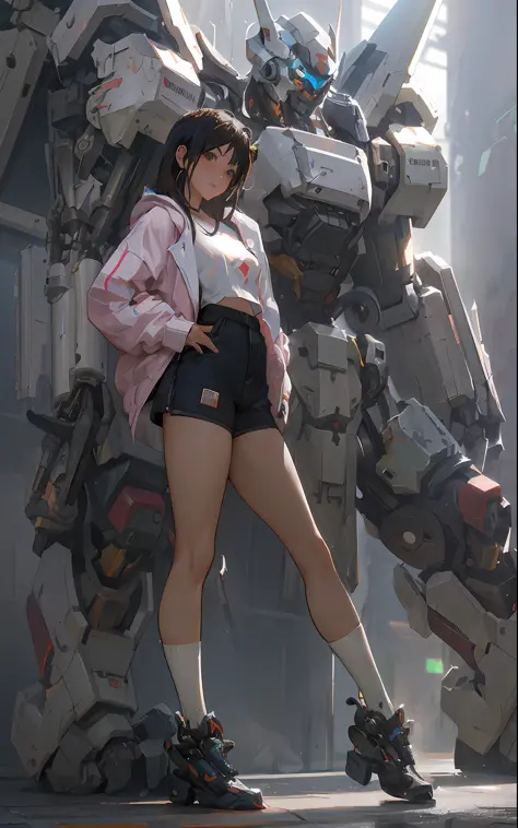 anime girl in short shorts and jacket standing next to giant robot, artwork in the style of guweiz, cyberpunk anime girl mech, t...