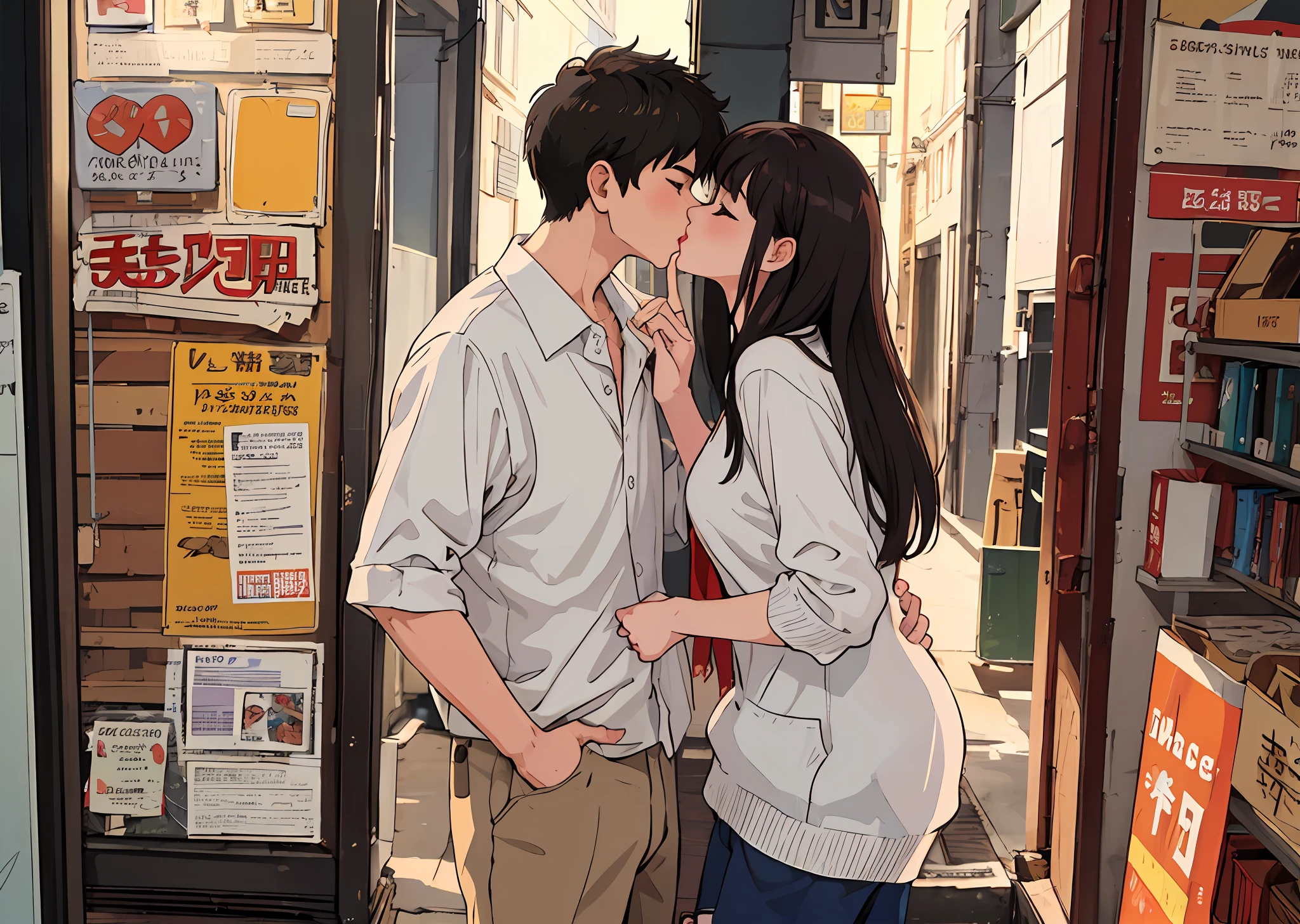 (Obra de arte, melhor qualidade), 1 garota, 1 menino, Se beijando, casal, em um namoro
