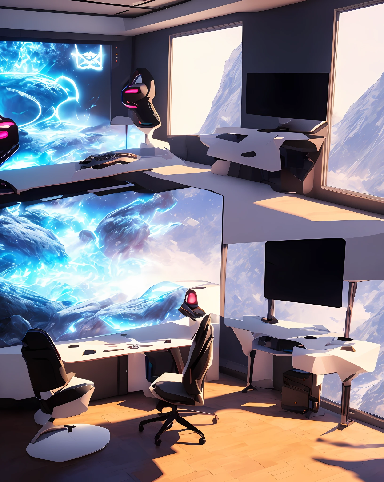 A futuristic gaming room with sleek, minimalistic design, featuring a high-tech gaming setup with multiple monitors, RGB lighting casting vibrant hues throughout the room, ergonomic gaming chair with adjustable controls, and a state-of-the-art virtual reality headset, creating an immersive gaming experience, Photorealistic 3D rendering, using advanced lighting and material techniques to capture the sleekness and futuristic aesthetic, --ar 16:9 --v 5