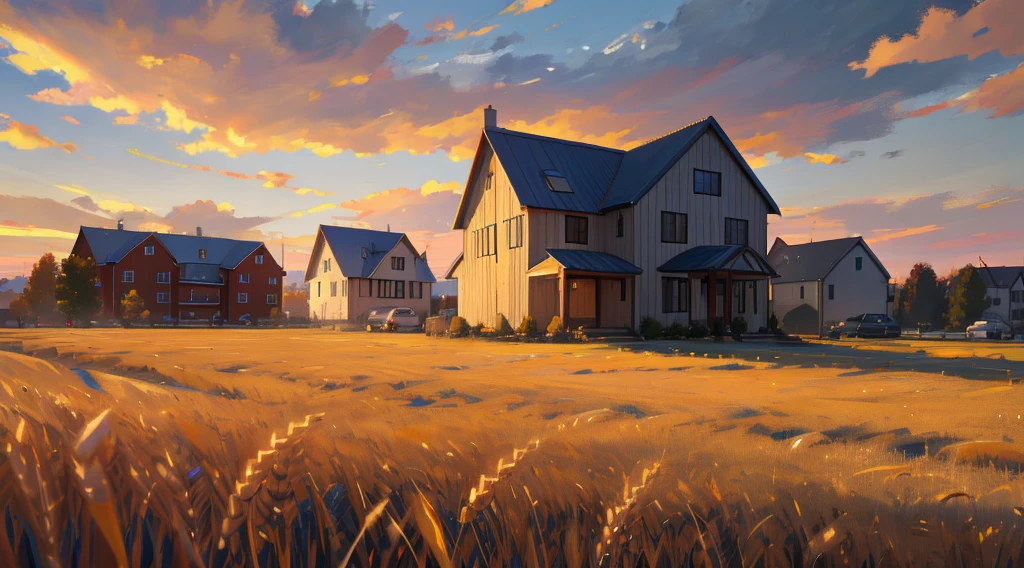 super resolution, super detailed, ultra detailed, masterpiece, best quality, wheat landscape, sun, clouds, (neutral colors), (hdr:1.3), house, city
