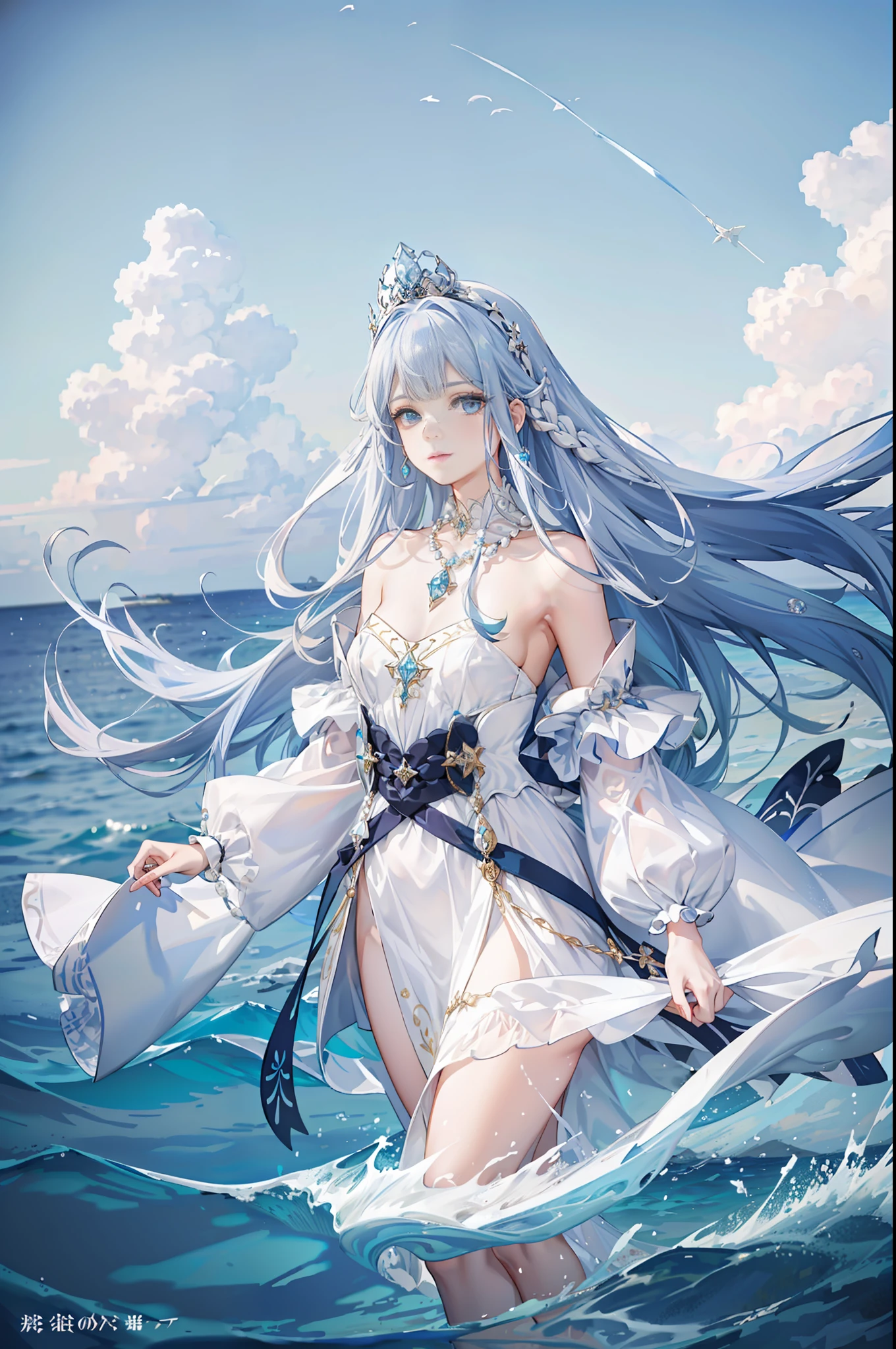 (((extreme picture quality, superb, girl)), (white crown, necklace, pearls, accessories, bare shoulders, a lot of details), (the upper body of the only heroine, intoxicating and unique sea view AND small boats and fish in the sea) , ((long blue curly hair, sea blue, blue eyes), blue gorgeous hair accessories, full of dreaminess and mystery), fantasy dance with [movie-level lens, strong light and shadow effect: 1.2, bright light effect] ).