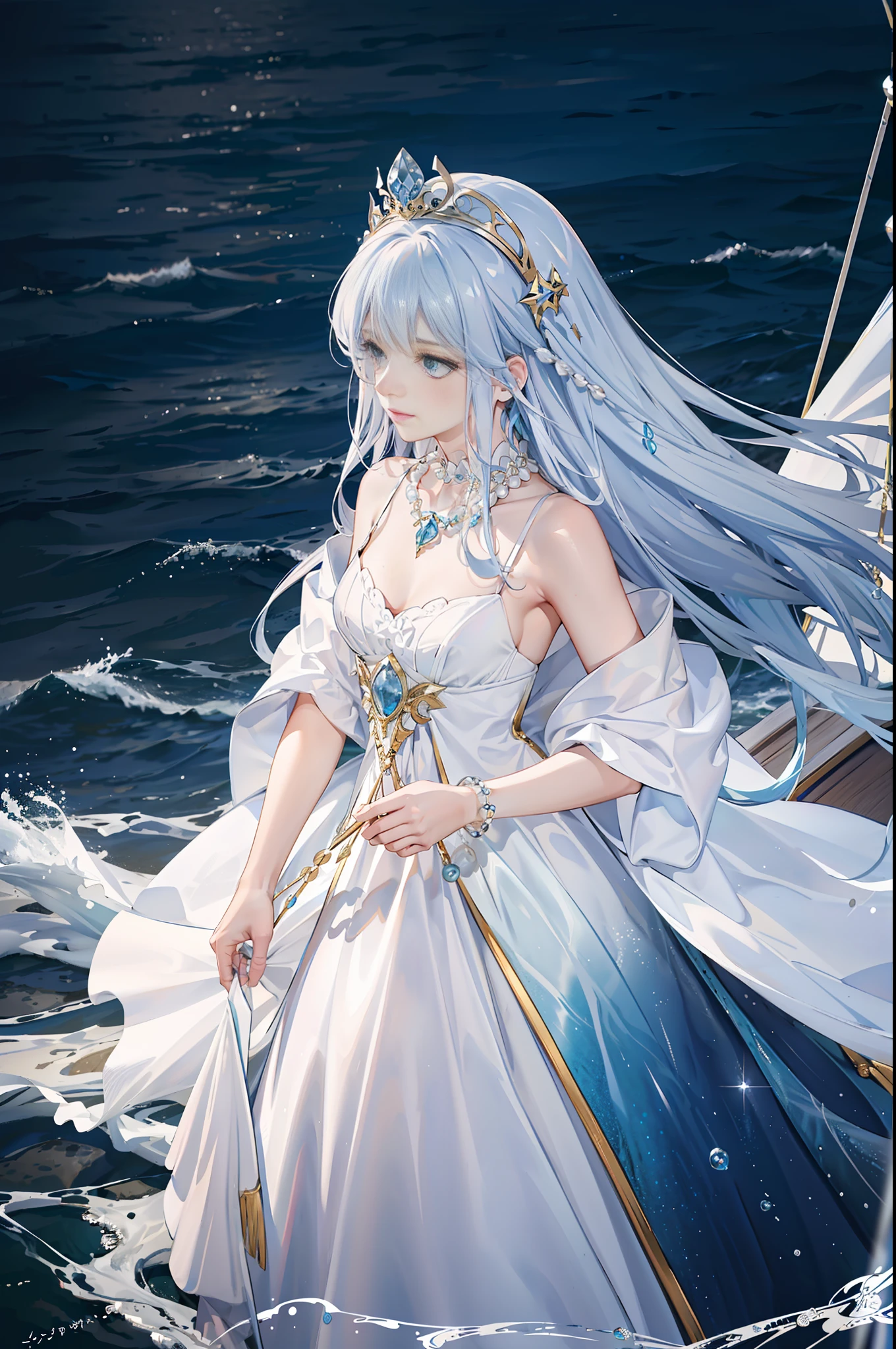 (((extreme picture quality, superb, girl)), (white crown, necklace, pearls, accessories, bare shoulders, a lot of details), (the upper body of the only heroine, intoxicating and unique sea view AND small boats and fish in the sea) , ((long blue curly hair, sea blue, blue eyes), blue gorgeous hair accessories, full of dreaminess and mystery), fantasy dance with [movie-level lens, strong light and shadow effect: 1.2, bright light effect] ).