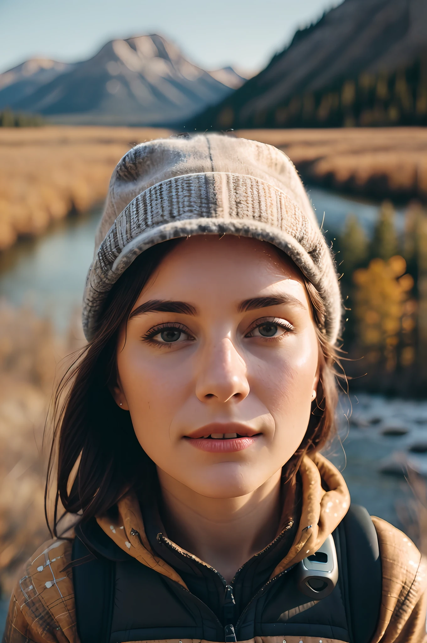 1 woman ((upper body selfie, happy)), masterpiece, best quality, super detailed, solo, outdoors, (night), mountains, nature, (stars, moon) happy, elated, backpack, sleeping bag, campfire, water bottle , Hiking Boots, Gloves, Sweater, Hat, Flashlight, Forest, Rocks, River, Wood, Smoke, Shadows, Contrast, Clear Sky, Analog Style (Focused Viewer: 1.2) (Skin Texture) (Film Grain: 1.3), (Warm Tones , warm colors)