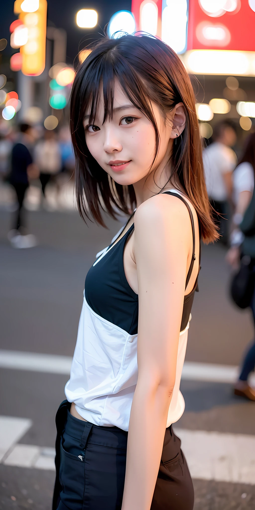 1girl, Tokyo street,night, cityscape,city lights,upper body,close-up,smile,, (8k, RAW photo, best quality, masterpiece:1.2),(realistic, photo-realistic:1.37),