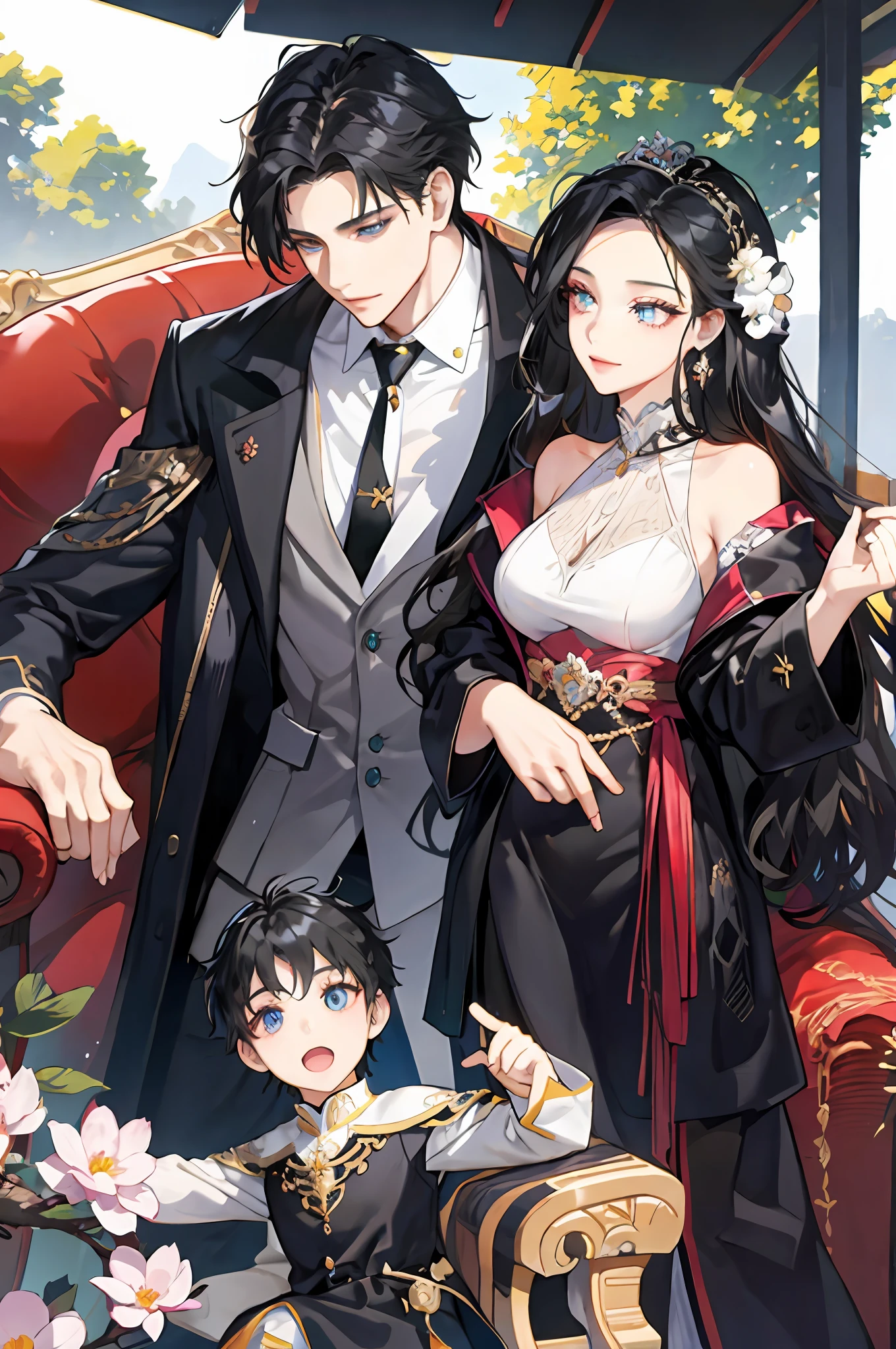 family, royal, elegant, good looking, kids, detailed, 4k, mom and dad, son and daughter, beautiful family, detailed eyes, pretty hair, handsome man, gorgeous woman, fine mom, hot dad, pretty kids, hot parents, kids, daughter, sons, mom with black hair, dad with different color hair