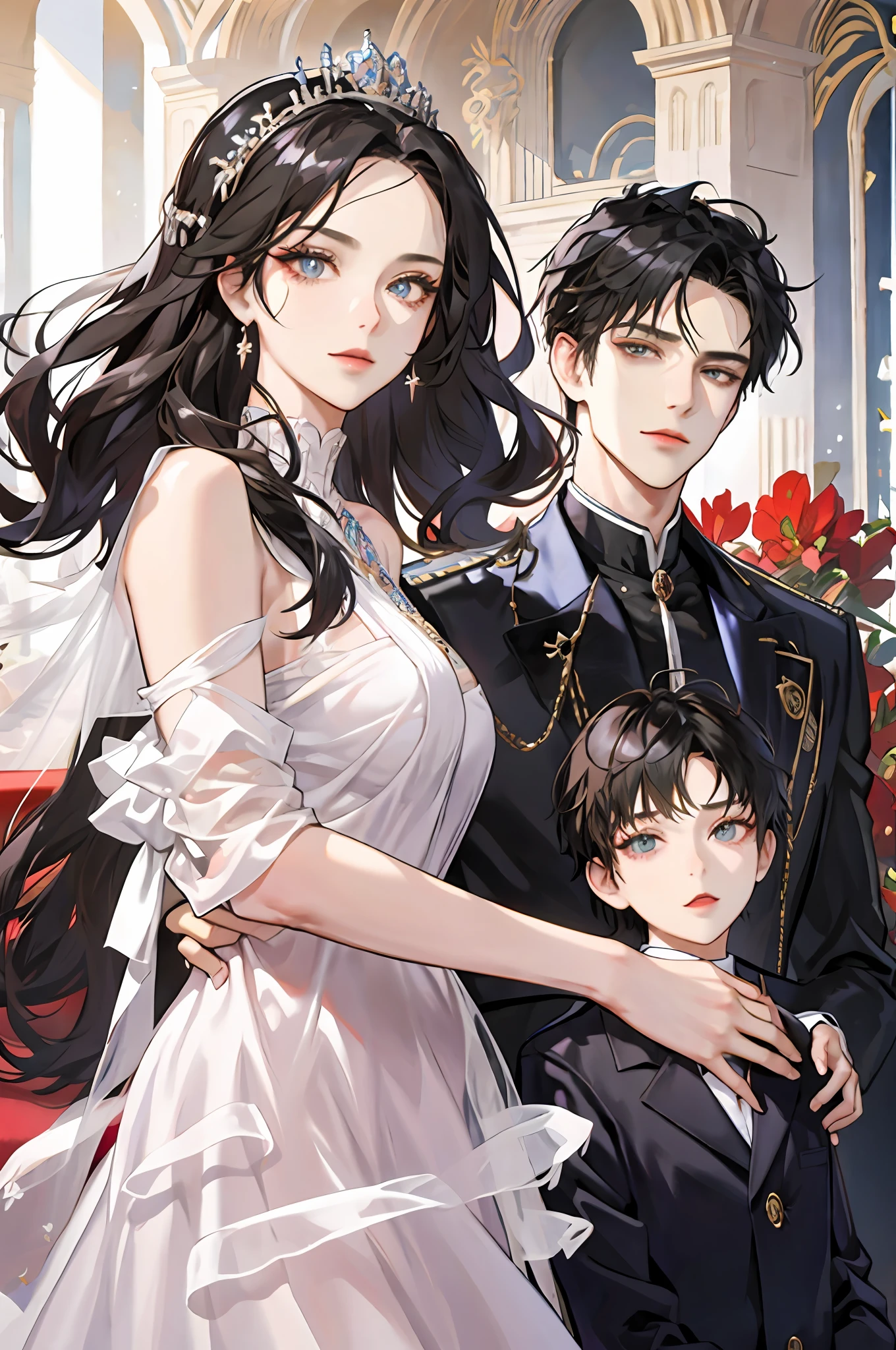 family, royal, elegant, good looking, kids, detailed, 4k, mom and dad, detailed eyes, pretty hair, handsome man, gorgeous woman, fine mom, hot dad, hot parents, mom with black hair, mom pregnant, man looking at woman with love, man hugging woman