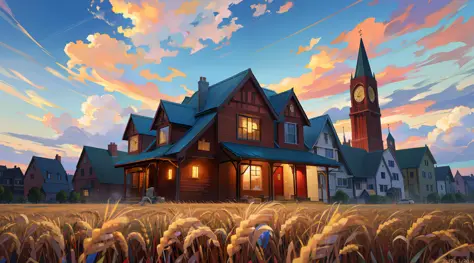 super resolution, super detailed, ultra detailed, masterpiece, best quality, wheat landscape, sun, clouds, house, victorian town...