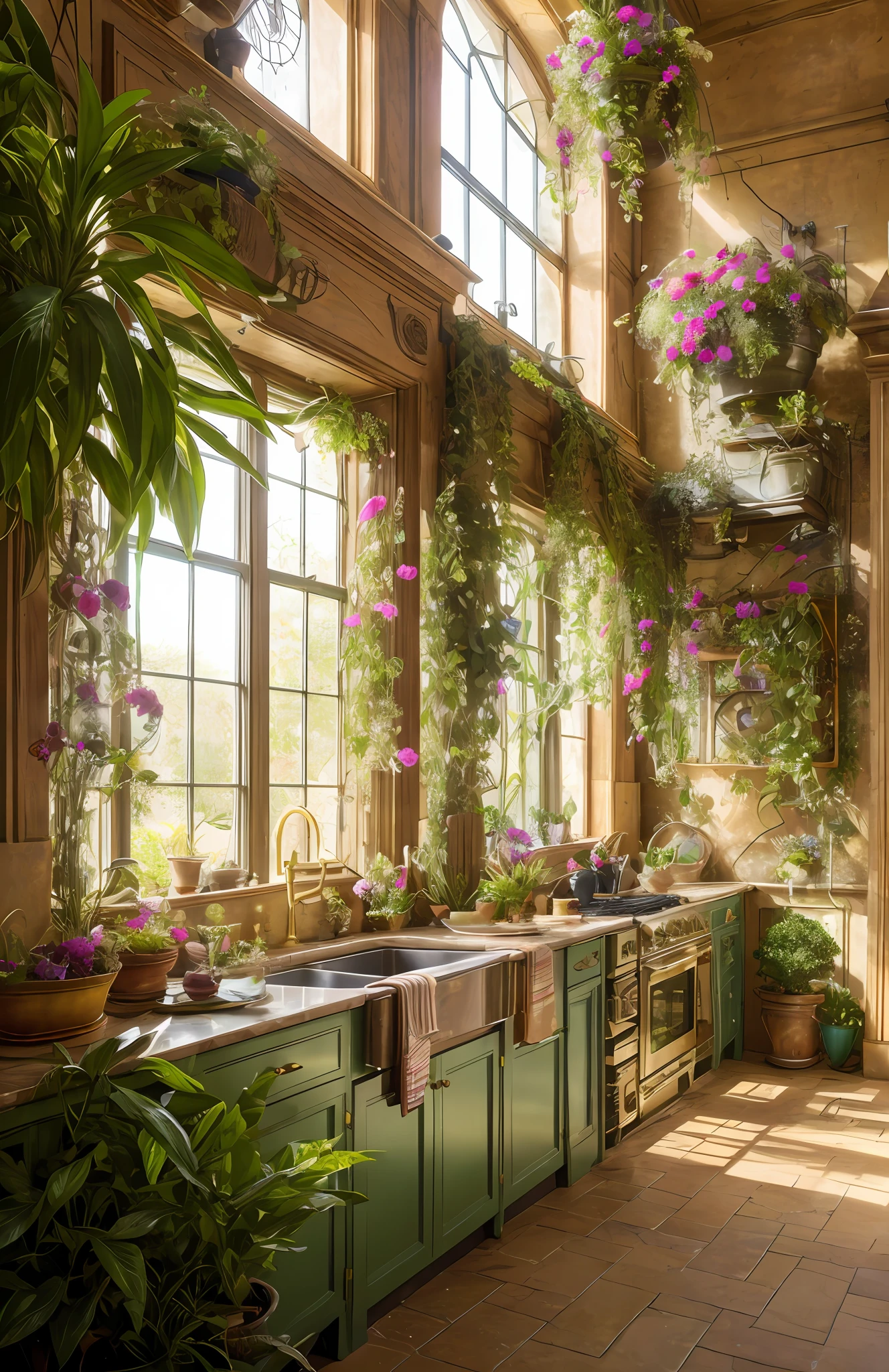 Architectural Digest Foto eines maximalistischen Grüns {Dampfwelle/steampunk/solarpunk} Küche mit Blumen und Pflanzen, goldenes Licht, hyperrealistischer Surrealismus, preisgekröntes Meisterwerk mit unglaublichen Details, episch atemberaubend