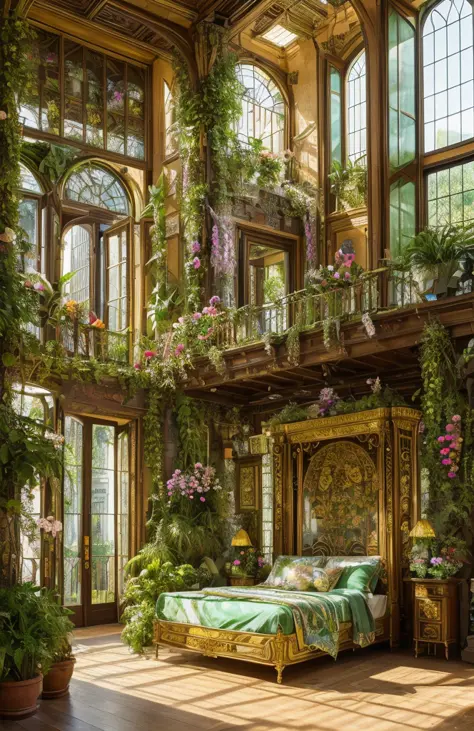 Architectural Digest photo of a maximalist green {vaporwave/steampunk/solarpunk} ((bed room)) with flowers and plants, golden li...