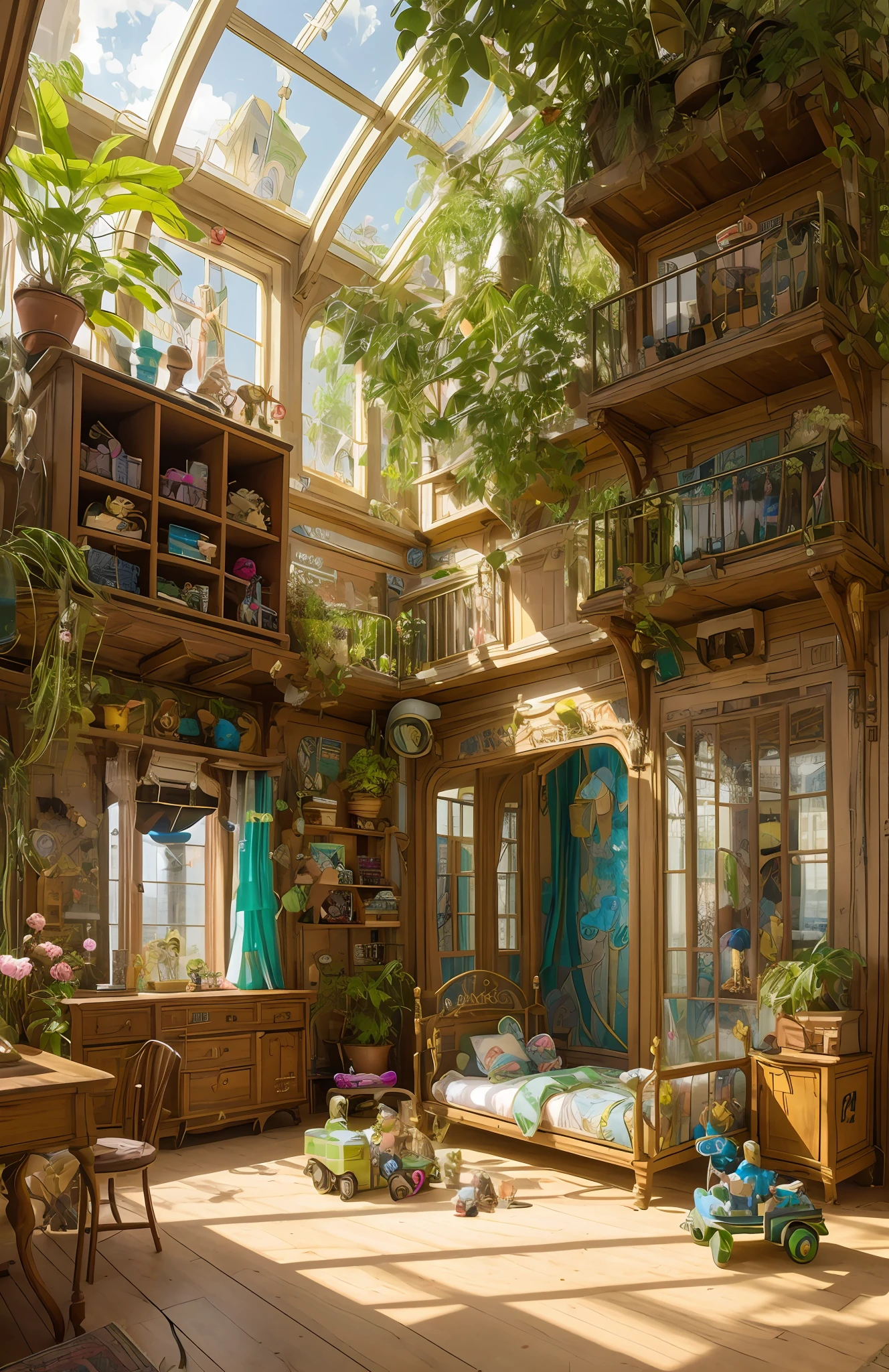 Architectural Digest Foto eines {Dampfwelle/steampunk/solarpunk} ((Kinderzimmer)) Grün, mit viel Kinderspielzeug, mit Puppen, mit großem Bett, mit Blumen und Pflanzen, goldenes Licht, hyperrealistischer Surrealismus, preisgekröntes Meisterwerk mit unglaublicher Detailtreue, atemberaubend