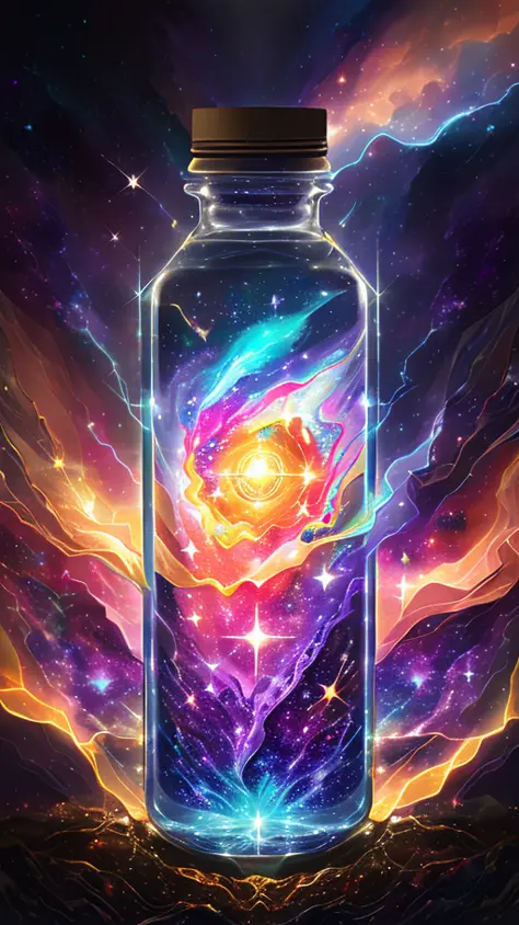 a close up of a glass jar with a colorful galaxy inside, galaxy in a bottle, lightning in a bottle, vial of stars, amazing wallp...
