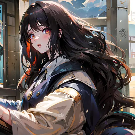 anime girl with long hair sitting on a bench in the rain, anime girl with long hair, anime style 4 k, guweiz, artwork in the style of guweiz, portrait anime girl, beautiful anime portrait, profile of anime girl, beautiful anime girl, detailed portrait of a...