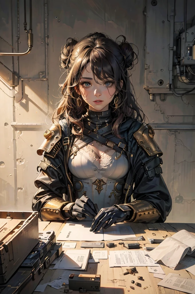 (1girl:1.3), looking at viewer, (steampunk suit, Maven, big natural sagging breast ,cleavage, marked cameltoe,Toned, Round Face, Olive Skin, Brunette Hair, Blue Eyes, Wide Nose, Full Lips, Receding Chin, Long Hair, Straight Hair, Wavy Updo, soft breasts, Threader earrings, golden, matte lipstick, Dystopian  steampunk metropolis),(masterpiece, best quality, detailed shiny skin:1.2), flawless, 8k, RAW, highres,absurdres,