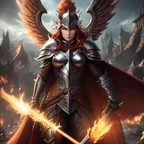 (very detailed 8k wallpaper), (soulsborne), game art, norse mythology, a female warrior floating in the air (big wings), (helmet covering face), pretty face, long red hair (detailed skin texture : 1.2), messy hair, huge red cape, full body, background is V...