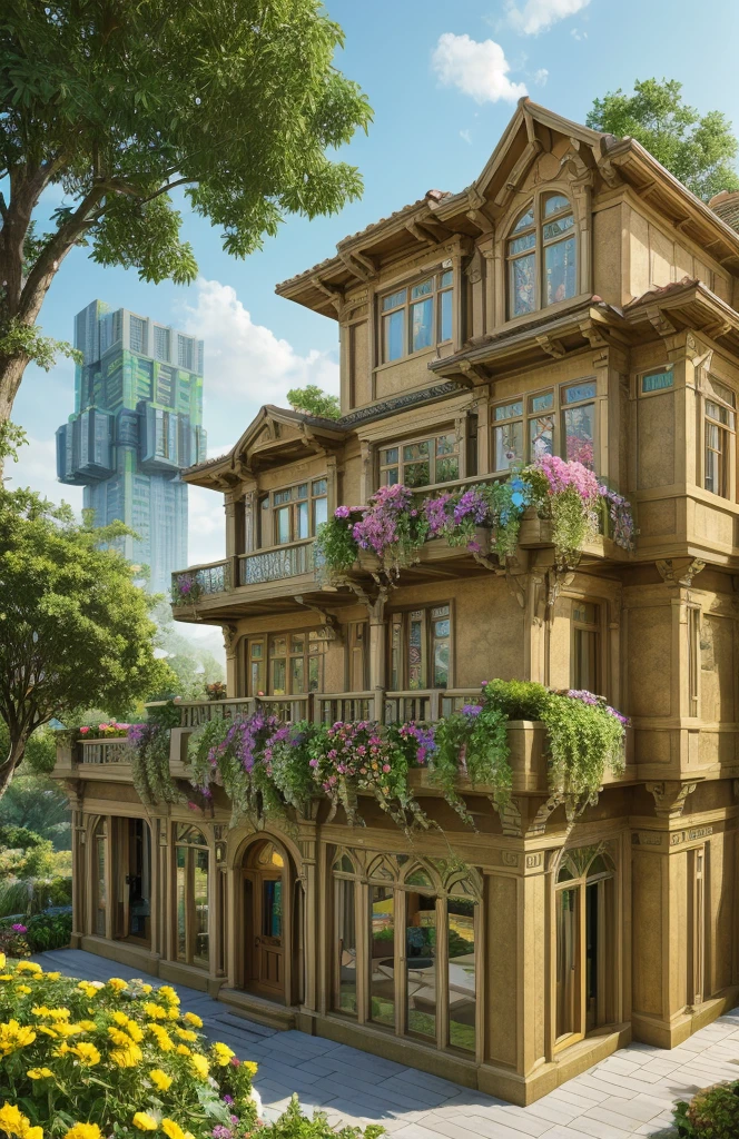 صورة معمارية من مجلة Architectural Digest لمساحة خضراء كبيرة الحجم {vaporwave/com.steampunk/سولاربانك} ((خارج المنزل الكلاسيكي )) مع الزهور والنباتات, الضوء الذهبي, السريالية المفرطة الواقعية, تحفة حائزة على جوائز بتفاصيل لا تصدق, ملحمة لالتقاط الأنفاس