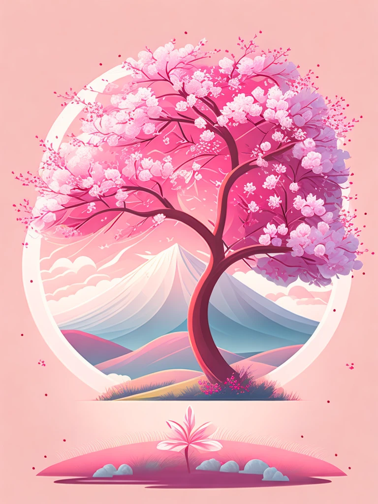 Un cerezo en flor en un paisaje primaveral, diseño de camiseta, rzminjourney, vector art