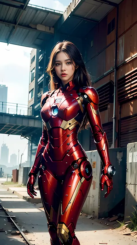 8k, realistic, attractive, highly detailed, a 20 year old girl a sexy and attractive woman inspired by Iron Man wearing a shiny Iron Man mech. She dresses with sexiness and confidence, perfectly interpreting Iron Man&#39;s strength and charisma. The abandoned warehouse serves as a backdrop, creating a unique atmosphere that highlights her bravery and perseverance. The cloudy sky adds a sense of tension and mystery to the whole scene. This high-definition, high-quality picture will bring you a shocking visual experience. The detailed abandoned warehouse and shiny mechs will keep your eyes on you. oc rendering, dramatic lighting, award winning quality