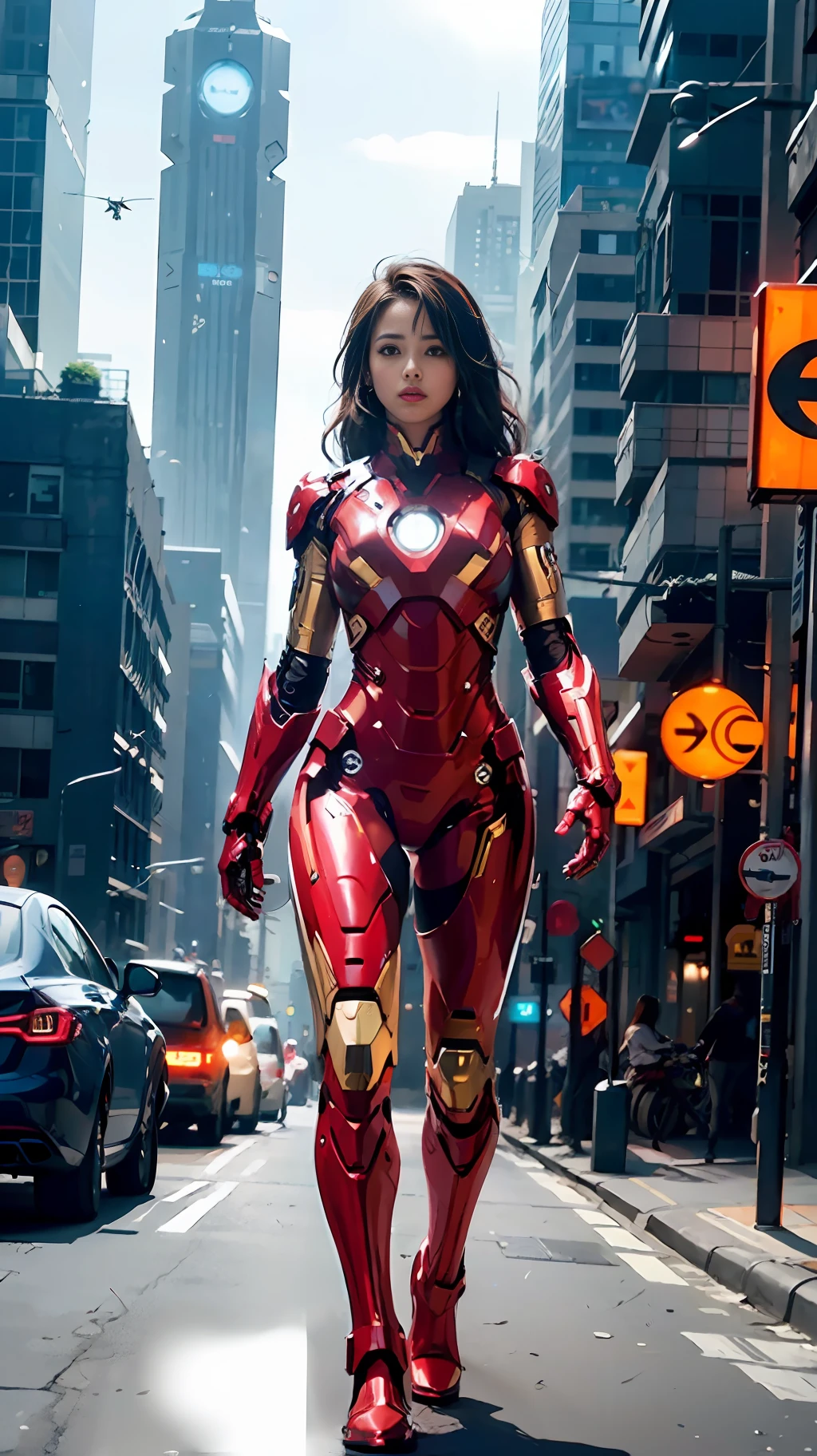 8k, Realista, atractivo, muy detallado, a 20 year old girl a sexy and atractivo woman inspired by Iron Man wearing a shiny Iron Man mech. Ella se viste con sensualidad y confianza., Interpretando perfectamente a Iron Man.&#39;s fuerza y carisma. En una escena nocturna urbana de estilo cyberpunk, a sexy and atractivo woman takes Iron Man&#39;s cosplay como tema. Usando un brillante robot de Iron Man, ella se encuentra en una calle llena de edificios altos. Las luces nocturnas de la ciudad son brillantes., reflexionando sobre su mecha, agregando una sensación de tecnología futura. Los edificios y calles circundantes están llenos de elementos cyberpunk., como luces de neón, Dispositivos de alta tecnología y diseños arquitectónicos futuristas.. Toda la escena está llena de una atmósfera futurista y de ciencia ficción.. Esta alta definición, La imagen de alta calidad le brindará un disfrute visual impresionante., una combinación perfecta de sexy, elementos futuristas y de ciencia ficción. renderizado OC, iluminación dramática, calidad galardonada