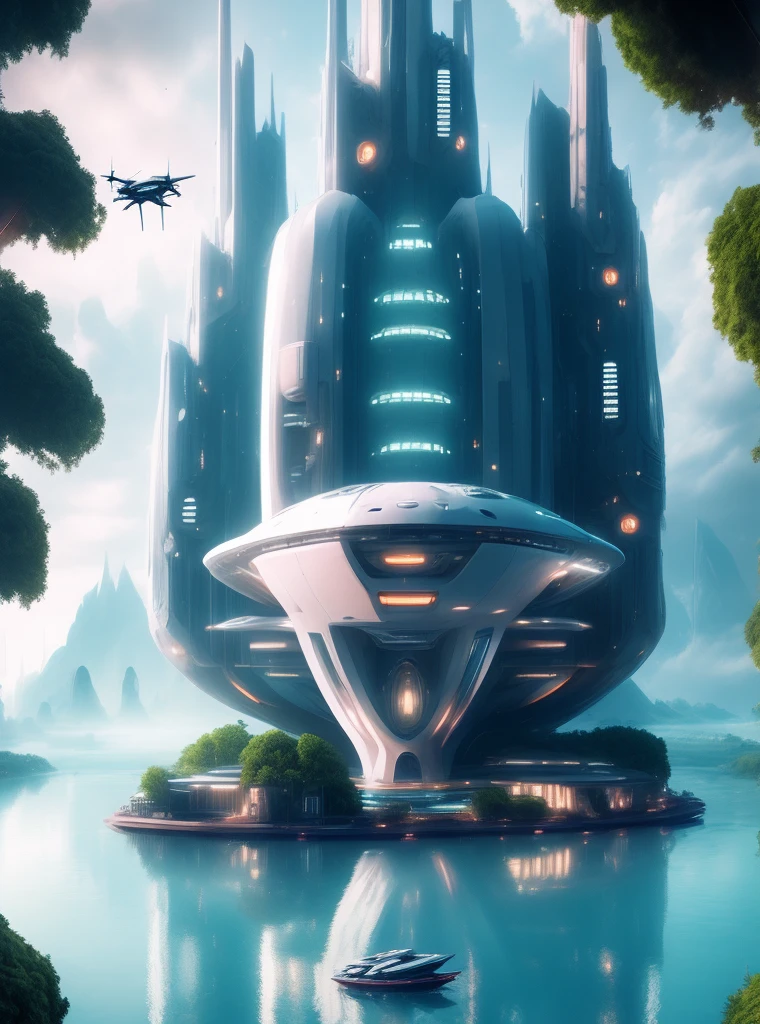 photo, a futuristic building in the middle of a body of water with a big windows, green trees on top (ModernFutures style:1) future ciry on the background, future ships and drones around, 8K