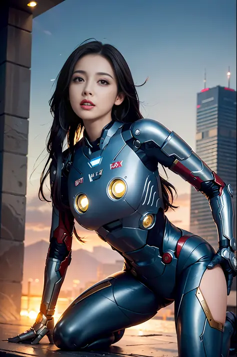 RAW, Masterpiece, Ultra Fine Photo,, Best Quality, Ultra High Resolution, Photorealistic, Sunlight, Full Body Portrait, Stunningly Beautiful,, Dynamic Poses, Delicate Face, Vibrant Eyes, (Side View) , she is wearing a futuristic Iron Man mech, very detaile...