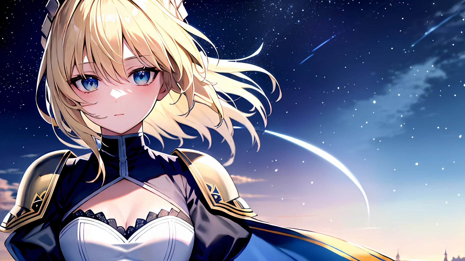 masterpiece, highly detailed eyes, super high quality, super high detail, 8k, best quality, highly detailed lighting, best shadows, saber, artoria pendragon, 1girl, blond hair, blue eyes, royal knights attire, standing in front of a castle at daybreak,