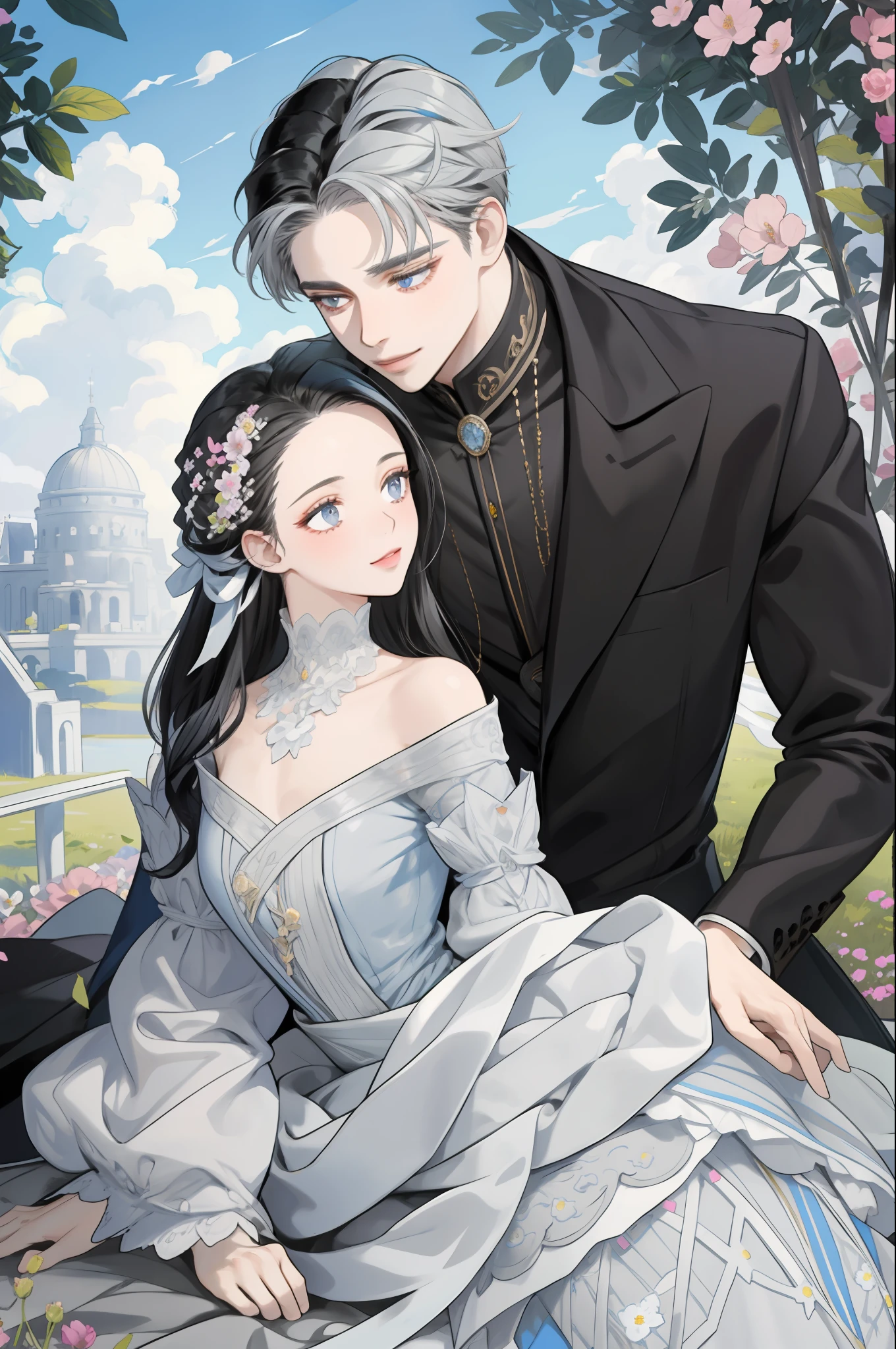 masterpiece, best quality, 2 others, couple, hetero, 1 man with 1 woman, silver and black hair, height difference, different colors, happy, love, landscape full of flowers, forehead, light blue and gray eyes,