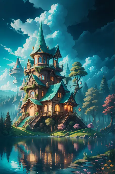 Elf kingdom, house full of design, forest, lake, sky, clouds, fantastic, oversaturated, surreal, Pixar style, high resolution, artgerm, masterpiece, super detailed, epic composition, high quality, highest quality , 4k --v 6