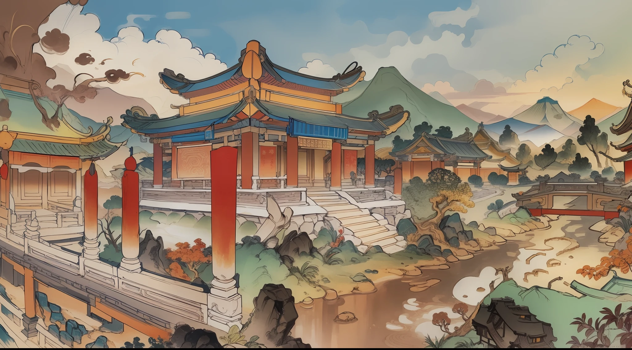 Paisagens chinesas antigas, Construções antigas, pavilhões, vigas esculpidas e edifícios pintados, belas montanhas e rios, inspirado nas artes marciais de Jin Yong, luz solar, estilo de pintura a tinta, cores limpas, corte decisivo, espaço em branco, à mão livre, Obra de arte, Super detalhado, composição épica, alta qualidade , mais alta qualidade, estilo pixar, supersaturado, Surreal, artgerm --v 6