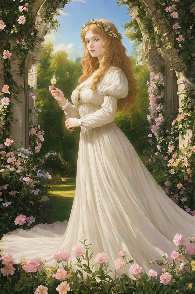 "In a pre-raphaelite masterpiece, an extremely beautiful young fantasy princess stands in a flower garden, glowing in the backlit with a photorealistic and dreamy effect. Her blonde hair is softly backlit and her sheer dress gives a glimpse of cleavage. Arches complete the surreal scene."