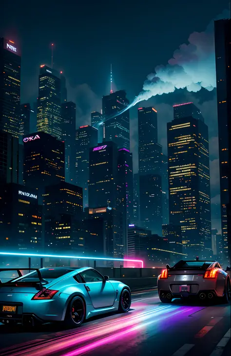 cyberpunk hypercars, soft colors, swirling color smoke, legend, cityscape, space, nissan 350z