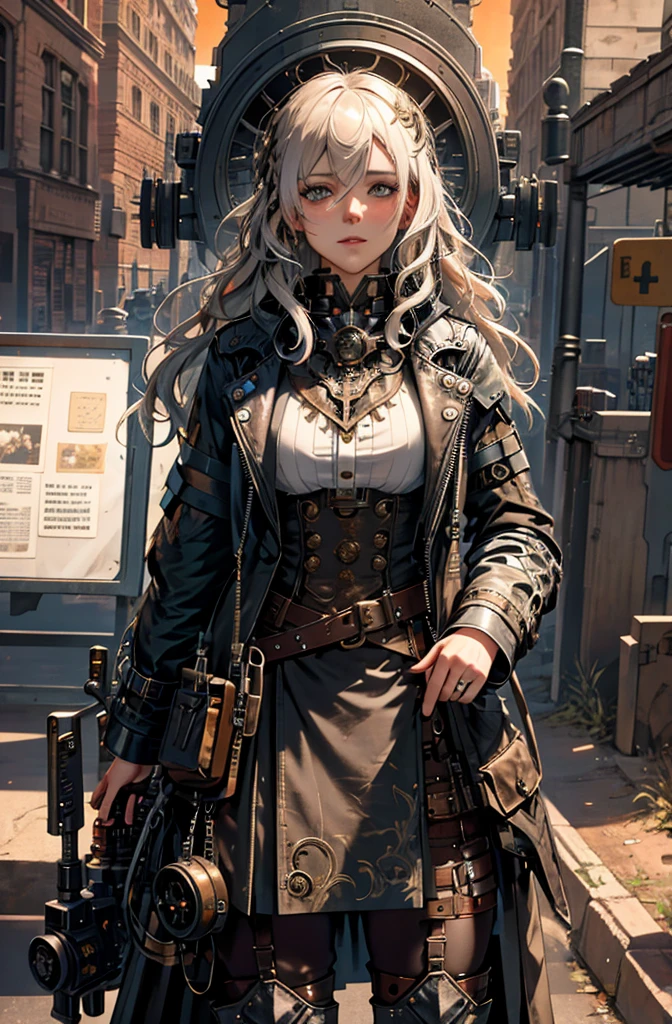 (absurdres, highres, ultra detailed), 1woman, mature female, aged up, wavy long hair, split-color hair, heterochromia, bangs, long sleeves, finely detailed eyes and detailed face, extremely detailed CG unity 8k wallpaper, intricate details, (style-rustmagic:0.8), (medieval cyborg:0.8), portrait, (bloody wounds:0.7), looking at viewer, solo, half shot, detailed background, (steampunk theme:1.1) determined expression, dark couds technomancer, floating lights, color leather vest with gears, techwear, jetpack, workshop in background, machines, gears, steam, industry, technology, furnace, grime, anvil, buttons, levers, automaton, electricity, electric sparks epic atmosphere,, portrait(very marked cameltoe)