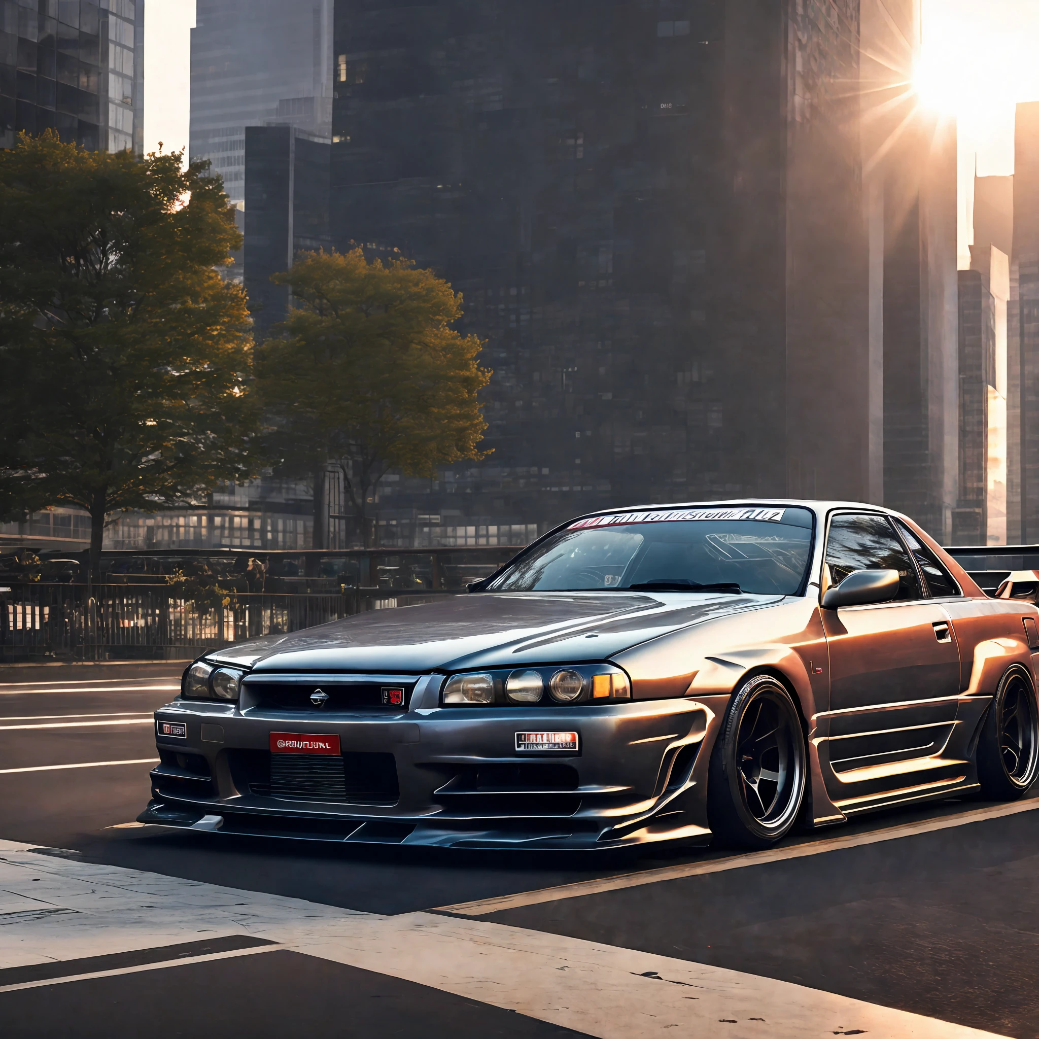 Nissan skyline r34, midtown tokyo, sunrise, photorealistic, uhd