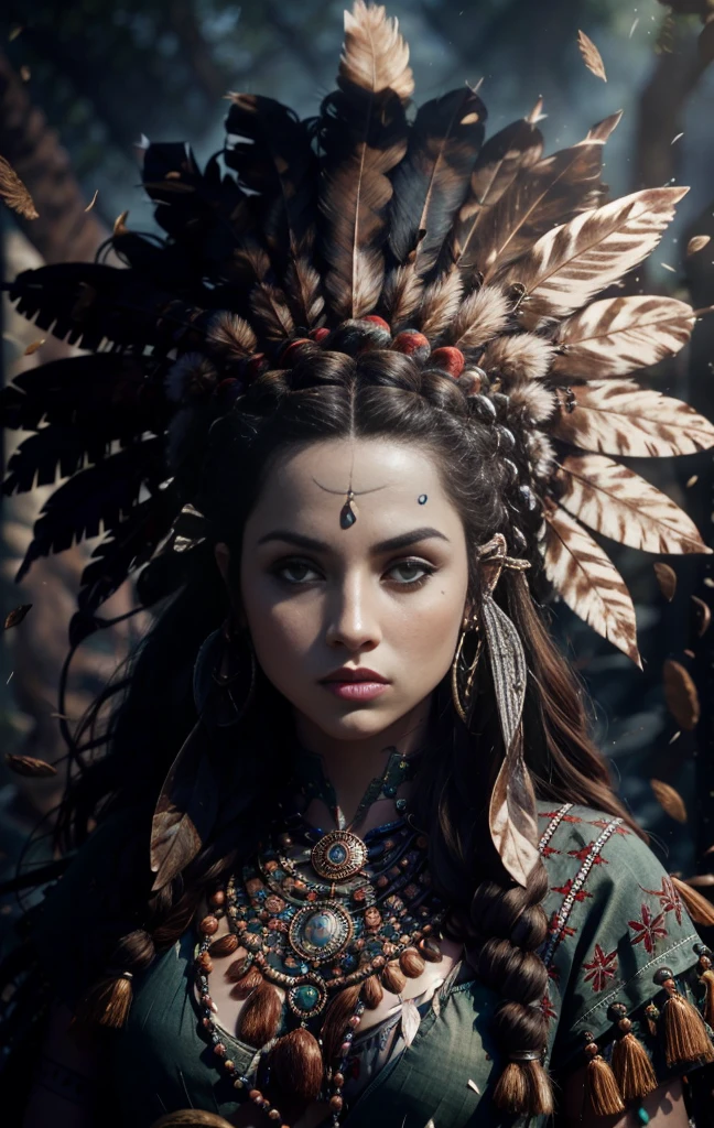 (full portrait), (half shot), solo, detailed background, detailed face, (stonepunkAI, stone theme:1.1), wise, (female), (native american), (beautiful hair, braids:0.2), shaman, septum piercing, mystical, (gorgeous face), stunning, head tilted upwards, (serene expression), calm, Seafoam Green frayed clothes, prayer beads, tribal jewelry, feathers in hair, headdress:0.33, jade, obsidian, detailed clothing, cleavage, realistic skin texture, (floating particles, water swirling, embers, ritual, whirlwind, wind:1.2), sharp focus, volumetric lighting, good highlights, good shading, subsurface scattering, intricate, highly detailed, ((cinematic)), dramatic, (highest quality, award winning, masterpiece:1.5), (photorealistic:1.5), (intricate symmetrical warpaint:0.5),