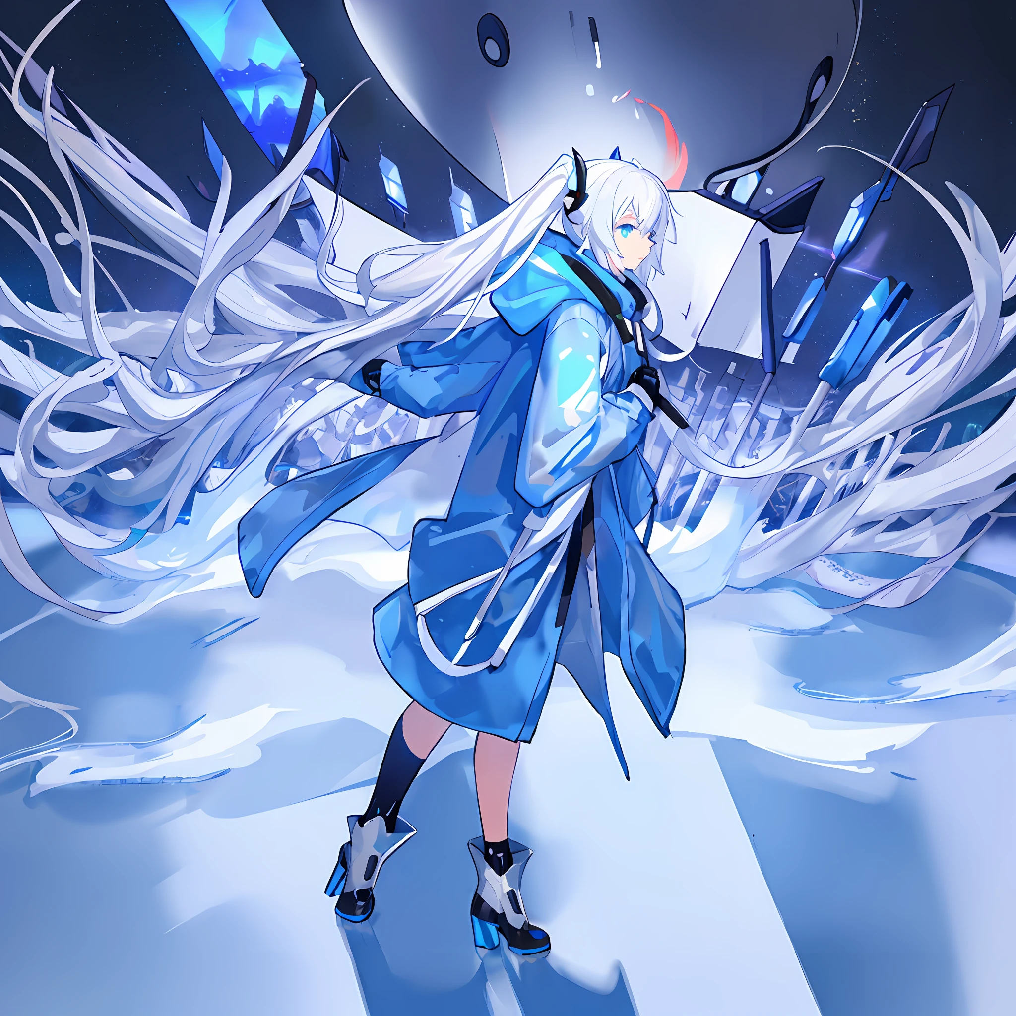 Masterpiece, girl, looking at viewer, white base and light blue cyberpunk army costume, hooded coat, long silver hair, lotus motif, jitome, cel animation, profile