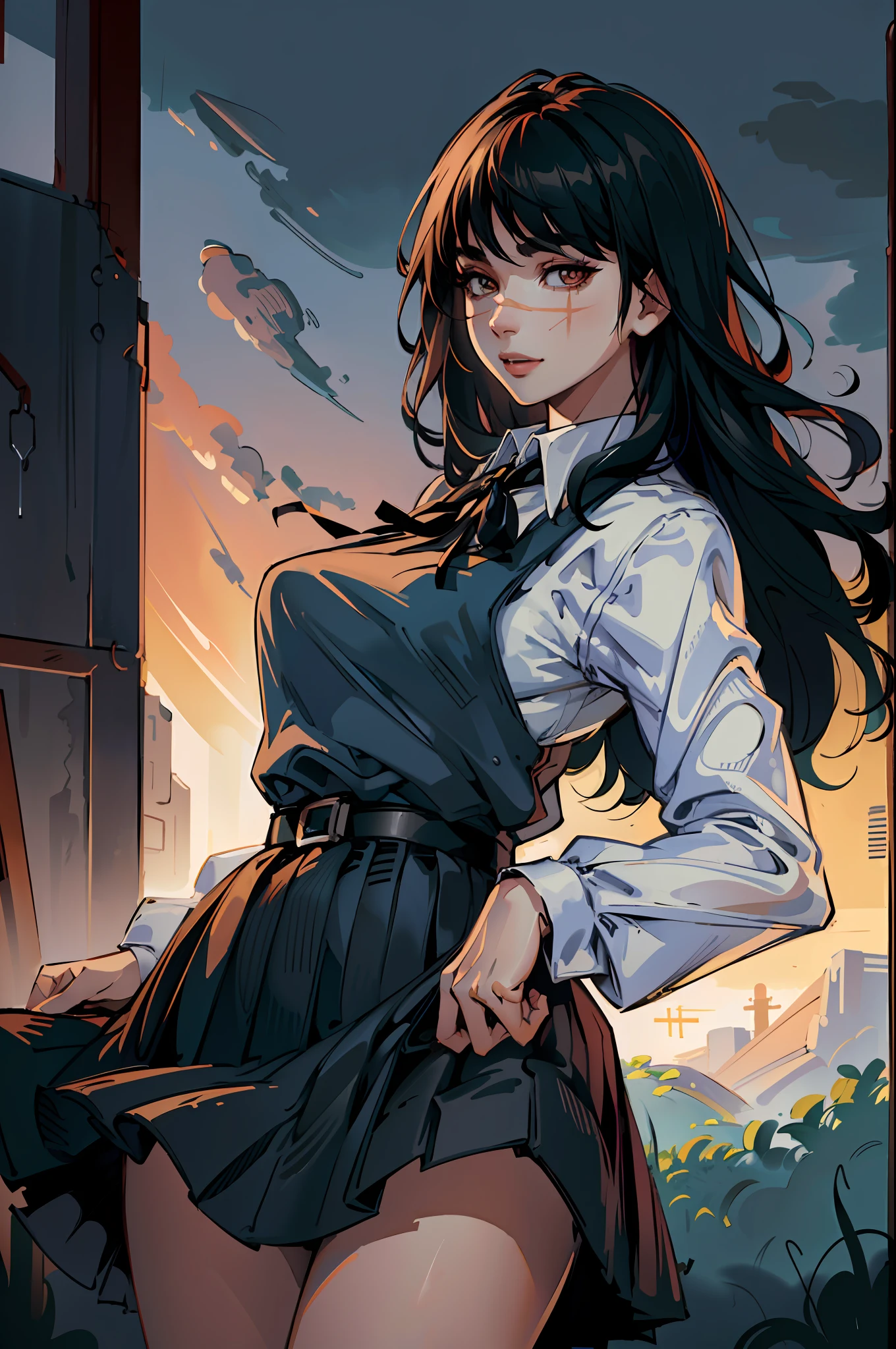 (masterpiece, best quality), yoru, 1girl, long hair, red eyes, scar on face, ringed eyes, curvy, makeup, cute pose, cute, looking at viewer, smile, :D, cute pose, (detailed ladscape, (detailed background),detailed landscape, (dynamic angle:1.2), (dynamic pose:1.2), (rule of third_composition:1.3), (Line of action:1.2), wide shot, daylight, solo, (masterpiece:1.2), (best quality, highest quality), (ultra detailed), (8k, 4k, intricate),(full-body-shot), (Cowboy-shot:1.4), (50mm), (highly detailed:1.2),(detailed face:1.2), detailed_eyes,(gradients),(ambient light:1.3),(cinematic composition:1.3),(HDR:1),Accent Lighting,extremely detailed CG unity 8k wallpaper,original, highres, pinafore dress, black belt, black ribbon,