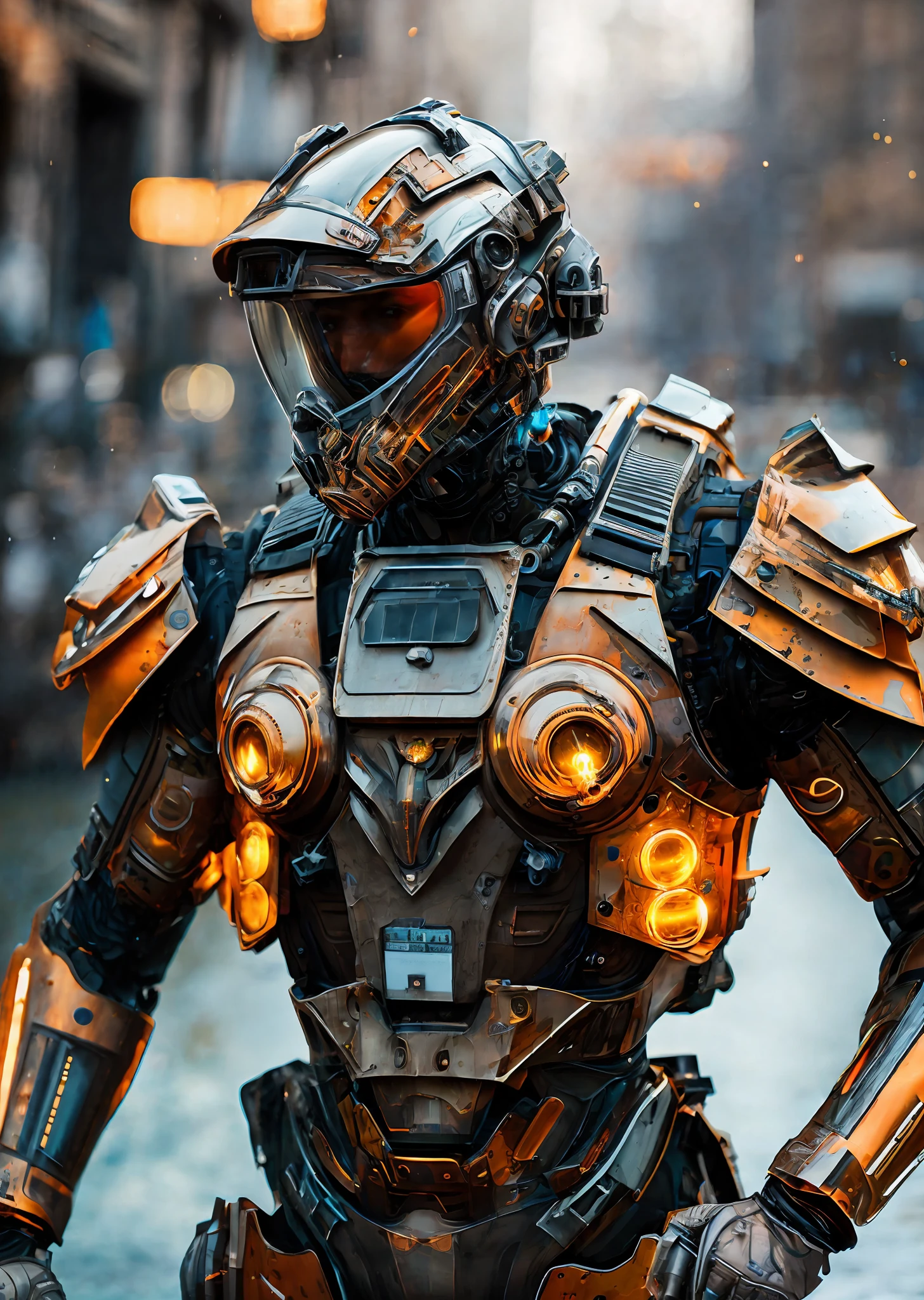 Portrait photo of transparent camo worn mech suit, ((light bokeh)), intricate, ((translucent) liquid water [rust]), elegant, sharp focus, photo by greg rutkowski, soft lighting, vibrant colors, masterpiece, ((streets)), detailed face