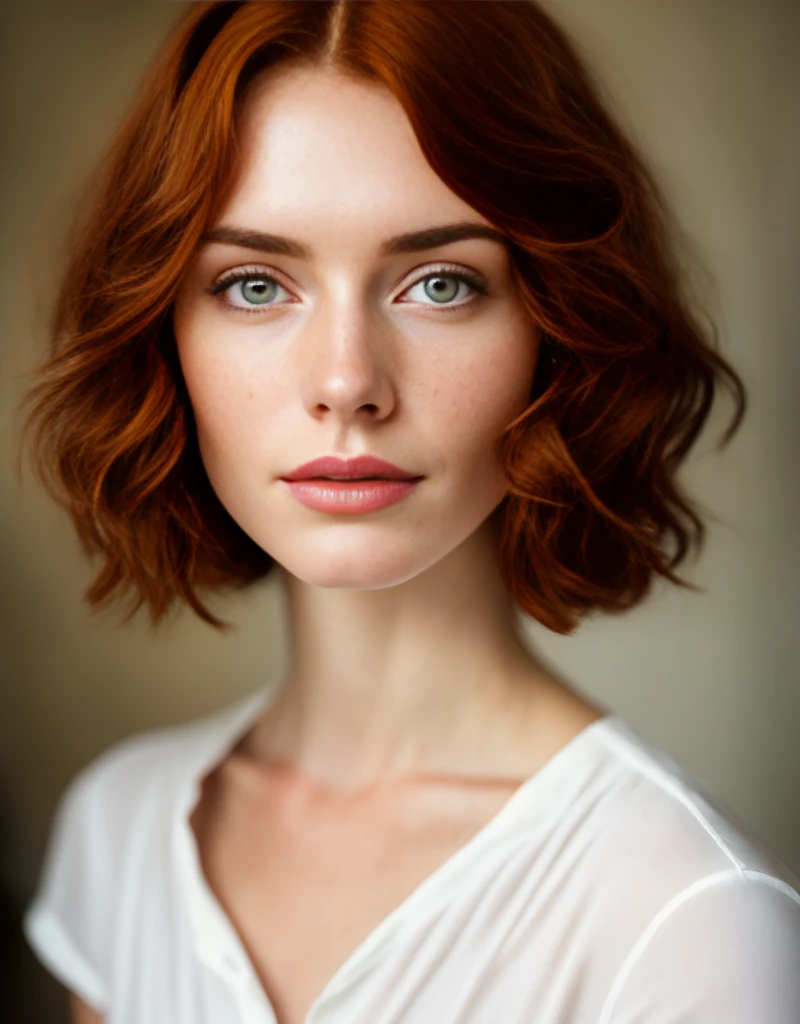 selfie, detailed and realistic portrait of a woman with a few freckles, redhair, long haircut, pale skin, round eyes and short messy hair shot outside, wearing a white t shirt, staring at camera, chapped lips, soft natural lighting, portrait photography, magical photography, dramatic lighting, photo realism, ultra-detailed, intimate portrait composition, Leica 50mm, f1. 4,8k uhd, dslr