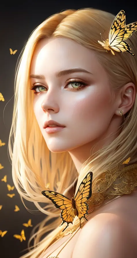 8k portrait of a beautiful cyborg with blonde hair, intricate, elegant, highly detailed, majestic, digital photography, art by artgerm and ruan jia and greg rutkowski, surreal filigree golden butterfly painting, broken glass (masterpiece, side lighting, be...