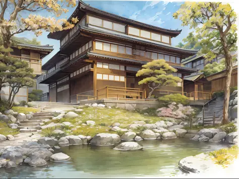 delicate watercolour illustration of traditional kyoto japan, cozy, beautiful composition, summer afternoon colour scheme, sharp...