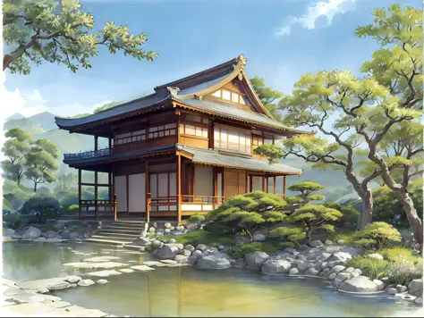 delicate watercolour illustration of traditional  temple in kyoto japan, cozy, beautiful composition, summer afternoon colour sc...