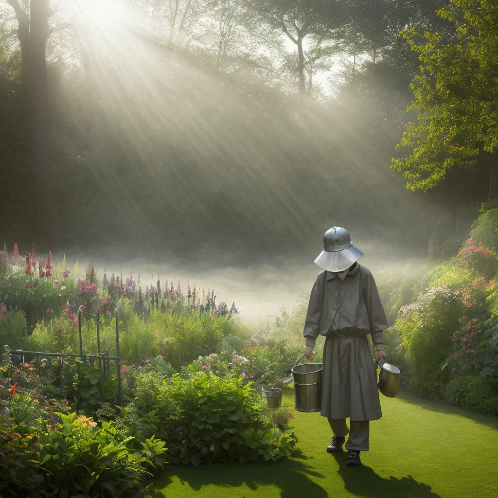 boy wearing a metal bucket hat, victorian garden, fog, sunbeams, etheric