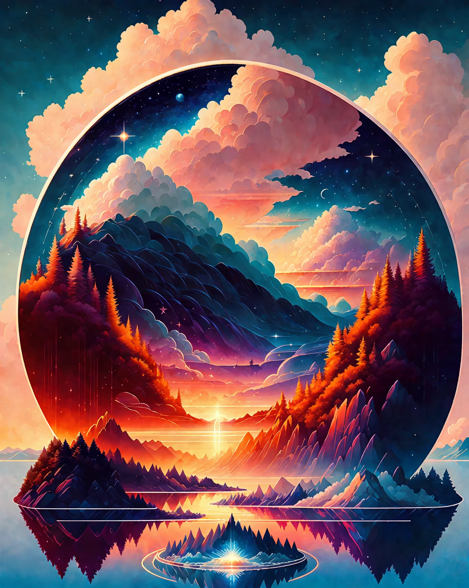 A beautiful land full of water and and clouds, astrophotogr,masterpiece, expert, insanely detailed, 4k, composition, centered, painted, intricate, volumetric lighting, beautiful, rich deep color masterpiece, sharp focus, ultra detailed, no dan mumford and marc simonetti style, vector, print