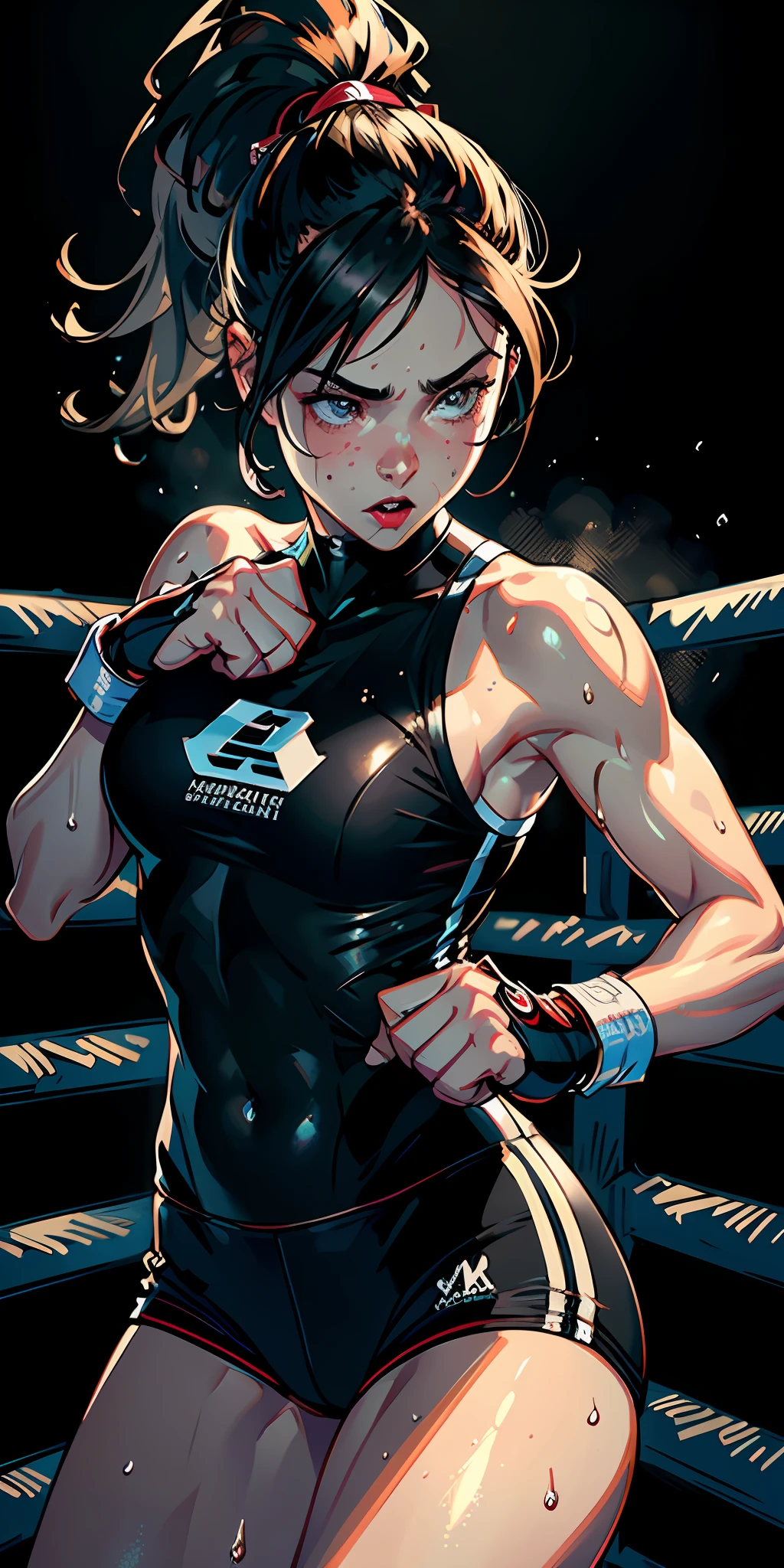 (original) , (very detailed wallpaper) , (best quality) , (masterpiece) , photographic reality, realistic, very detailed illustrations, (1 girl) , beautiful eyes, (delicate face) , perfect detail, (best lighting) , (super complex details) , 
 (boxing girl) , (aggressive punching) , sweat, heavy breathing, (oppressive attack) , (boxing ring) , athletic shorts, perfect detail, perfect fingers, perfect limbs, impact, (shiny skin) , abs, muscles, waistline,boxing shorts, fist fight, black hair, high ponytail, very long hair, 
4K unified, (super detailed CG: 1.2) , (8K: 1.2) , realistic, octane rendering