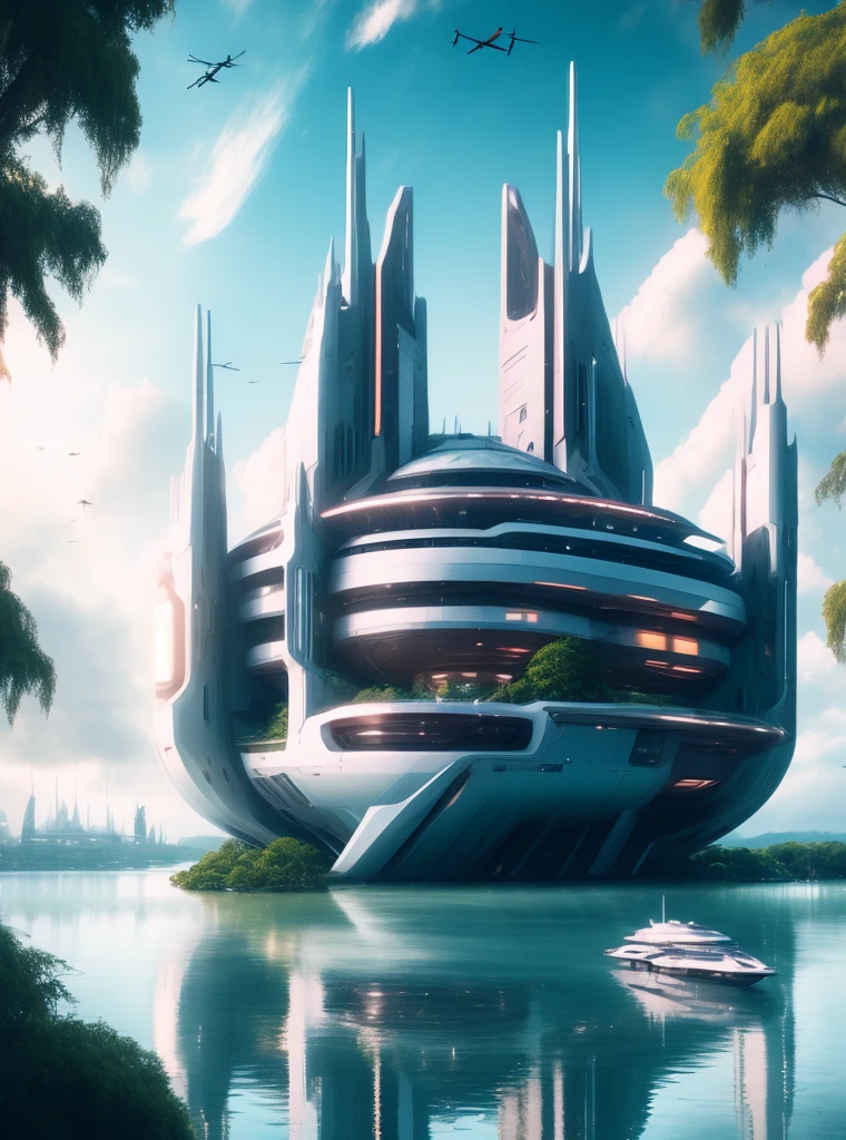 masterpiece, best quality photo, a futuristic building in the middle of a body of water with a big windows, green trees on top (ModernFutures style:1) future ciry on the background, future ships and drones around, 8K