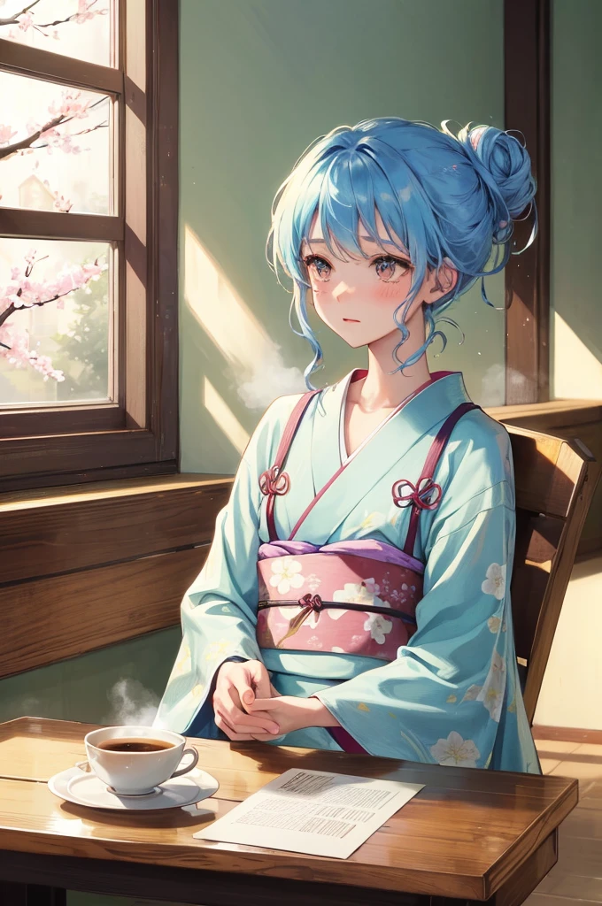 girl, coffee, cafe, table, messy bun, straw, sunlight, window, cozy, serene, floral, aesthetic, pastel, slice of life, relaxation, morning, leisure, tranquil, warm atmosphere, steam, peaceful, daydreaming, aromatic, latte art, book, potted plants, cherry blossoms, blush, contemplation, gentle, delicate, whimsical, blue hair, kimono, wave motif pattern