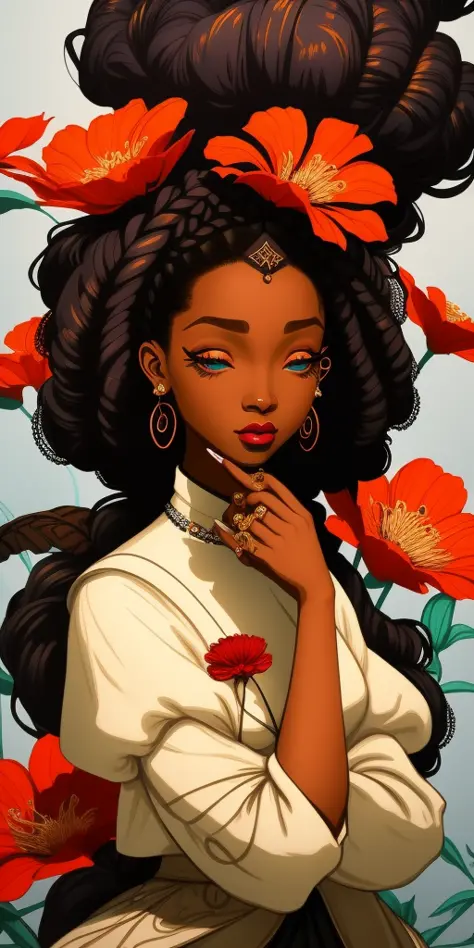a drawing of a black skin woman, african hairstyle, renaissance style, flowers in her hand, inspired by James Jean, jen bartel, ...