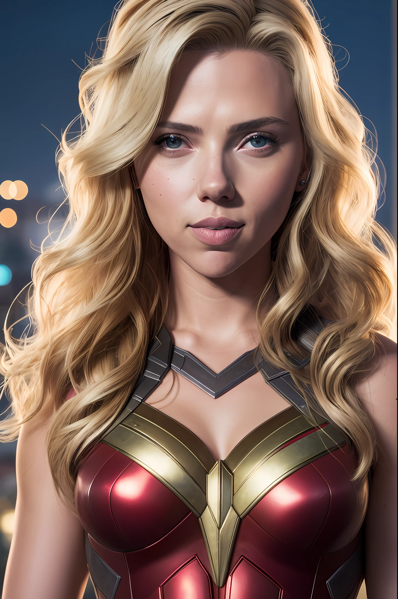 sexy woman Scarlett Johansson in Thor costume, night, soft lighting, dynamic angle, realistic lighting, smiling, happy, Wonder Woman movie scene background, photo by Brooke DiDonato, (natural skin texture, hyperrealism, soft light, sharp: 1.2), (complex detail: 1.12), hdr masterpiece, best quality, (highly detailed photo: 1.1), 8k, photorealistic, (SFW),