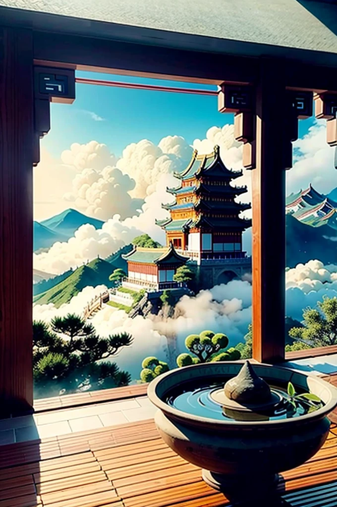 Game scene, ancient Chinese palace located above the clouds, full of clouds and fog, majestic, glazed tiles, (color ink)), (splashed ink)), (splashed ink}), masterpiece, high quality, beautiful graphics, high detail