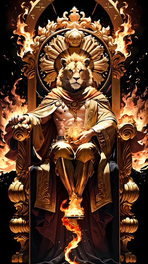 An royale King Lion full boby, background galaxy, magic 3D, full resolution style RTX with flaming eyes sitting on a throne, cap...