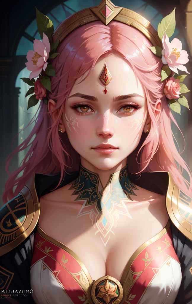 (symmetry: 1.1) (floral portrait: 1.05) a woman like a FOREST FAIRY, (assassins creed style: 0.8), pink and gold and opal color scheme, beautiful and intricate filegrid face painting, intricate, elegant, highly detailed , digital painting, arts station, concept art, soft, sharp focus, illustration, art by greg rutkowski and alphonse mucha, 8k